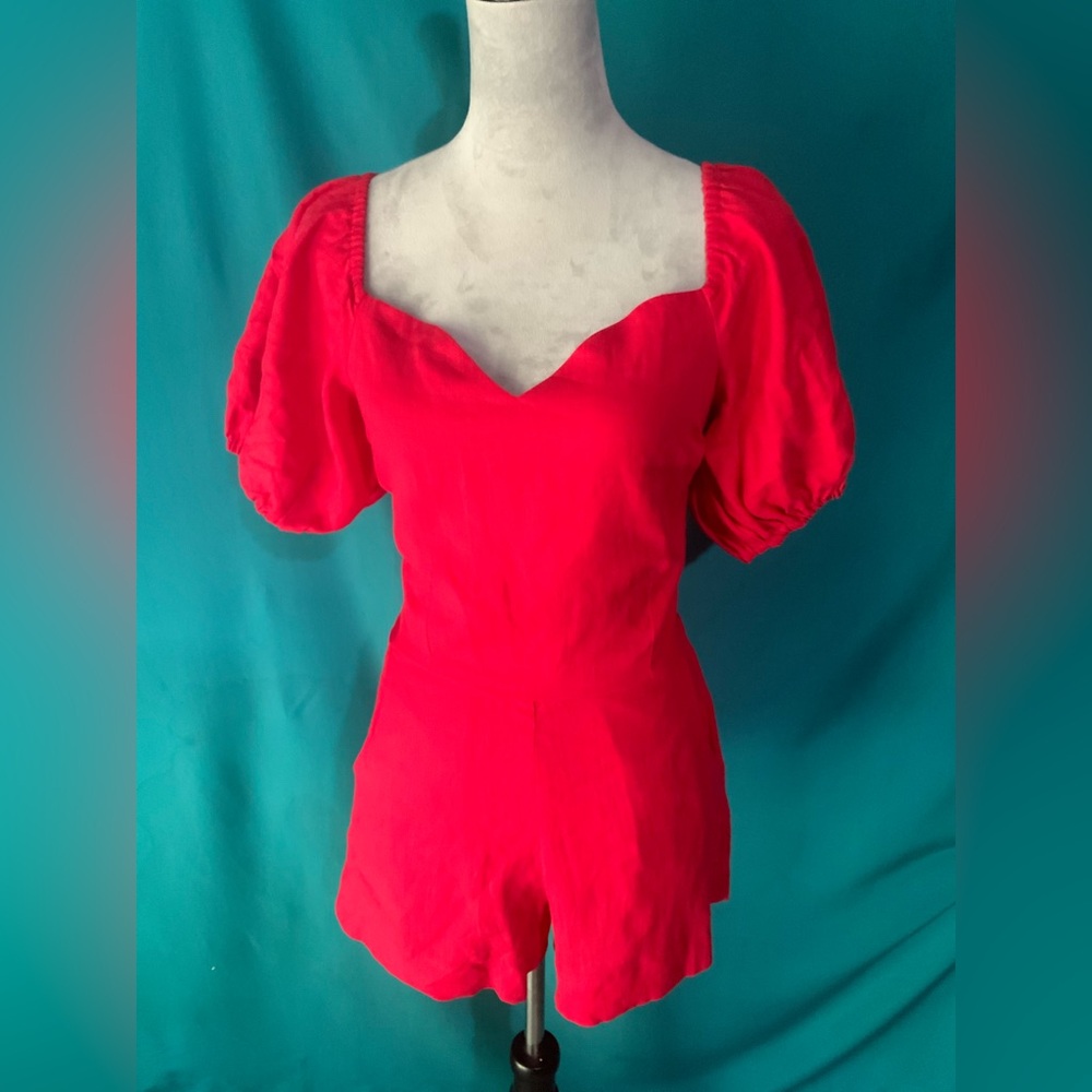 PEPITOS ITALY Bright Red Puff-Sleeve Romper with Sweetheart Neckline
